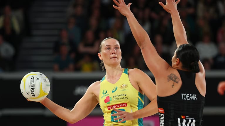 Courtney Bruce of Australia looks to pass the ball during game four of the Constellation Cup between Australia Diamonds and New Zealand Silver Ferns at John Cain Arena.