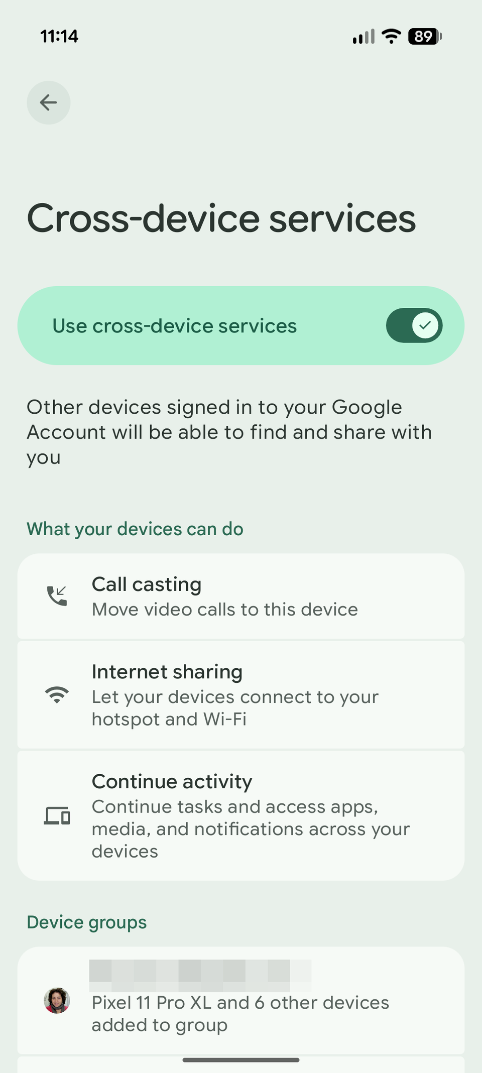 Screenshot showing the Cross-device services toggle