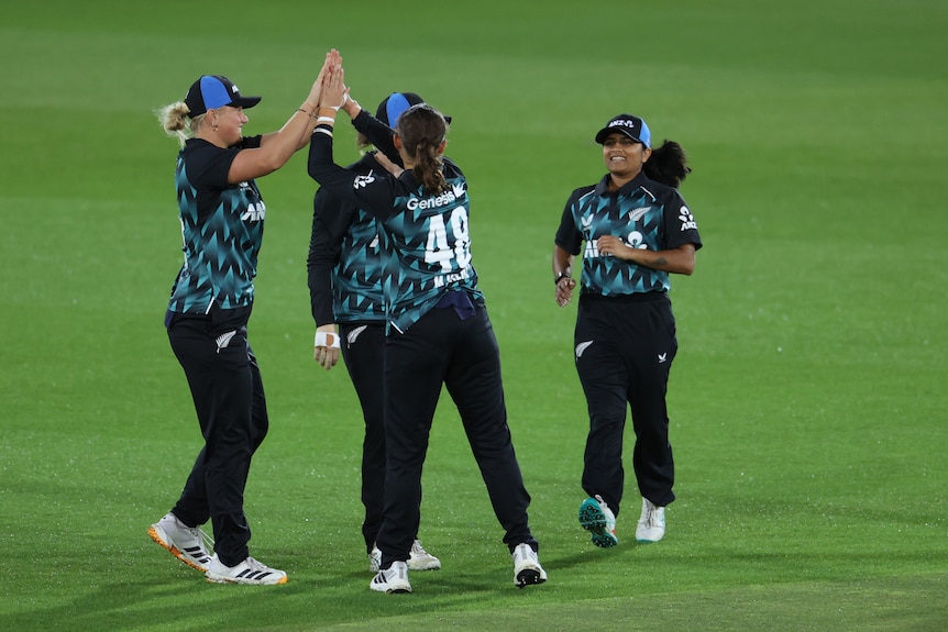 New Zealand female cricketers high five to celebrate a wicket