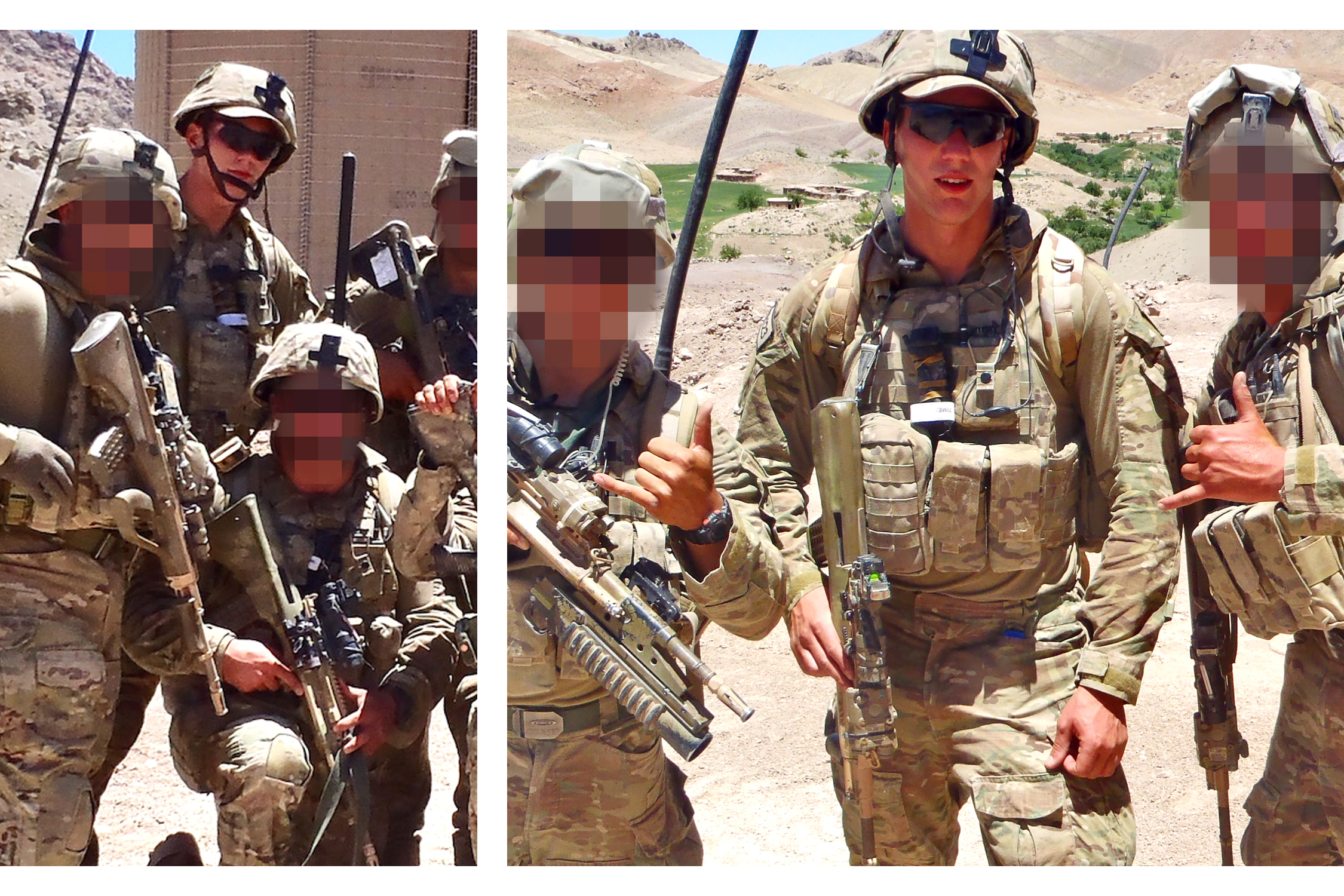 A composite of two photos of soldiers with full gear and rifles. All faces are pixelated in both, except for one man.