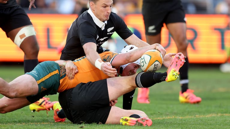 Declan Meredith of the Wallabies attempts to score a try against the All Blacks.