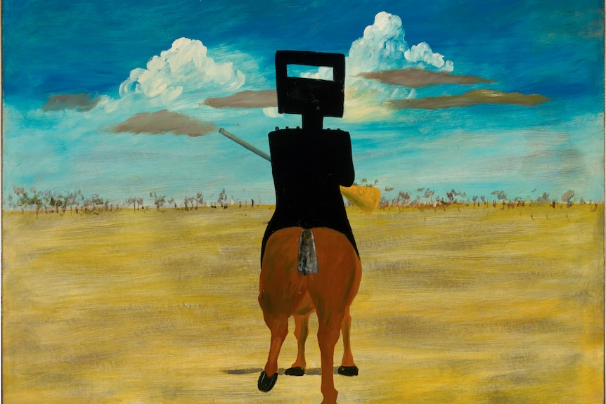A painting of bushranger Ned Kelly on horseback. His helmet is a black blocky shape with a letterbox-style slit.