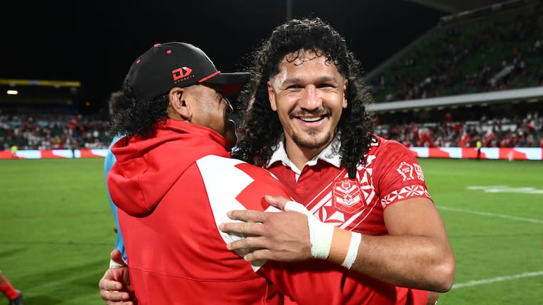 Tonga player and Warrior Dallin Watene-Zelezniak celebrates his team's win.