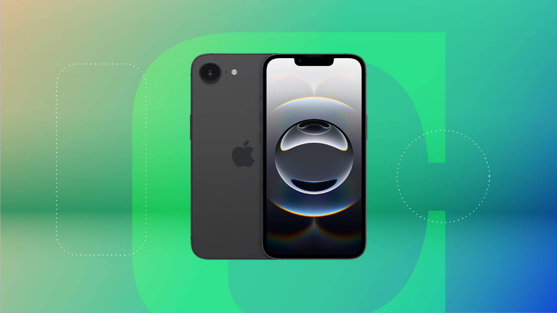 An black iPhone 16E against a green gradient CNET background.
