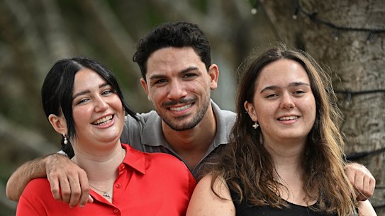 Brisbane 2032 First Nations interns Charlee McKinnon, Luke Woods and Isabelle Eurell on their first day at work this week.