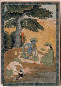A painting depicting a couple seated beneath a large tree, with another man sitting nearby holding a deer.