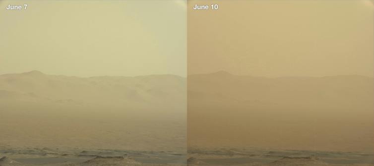 Two images show a dusty landscape with a ridge in the background. One is visibly darker than the other.