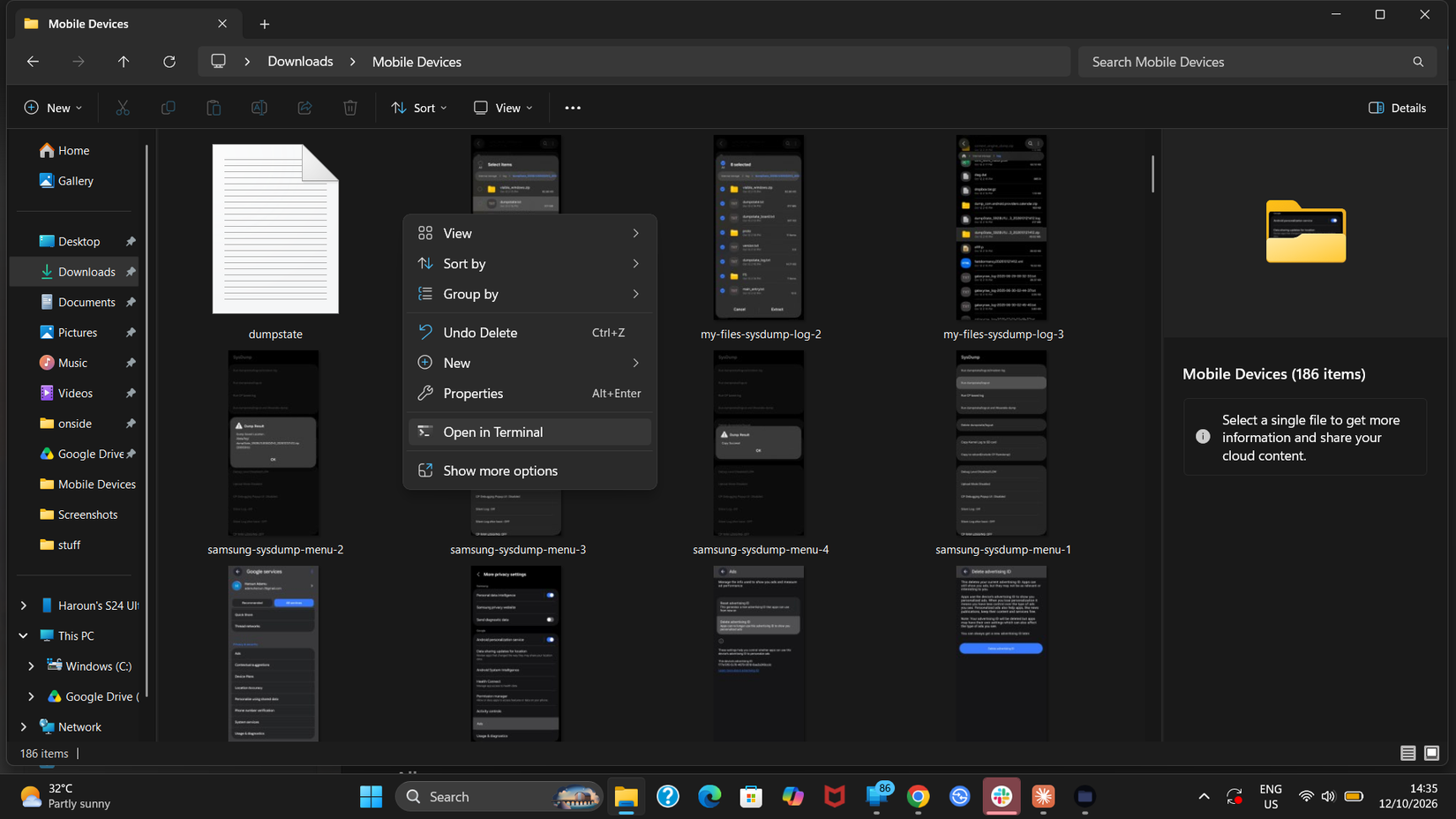 Windows File Explorer with right-click menu open and the 'Open in Terminal' option highlighted.