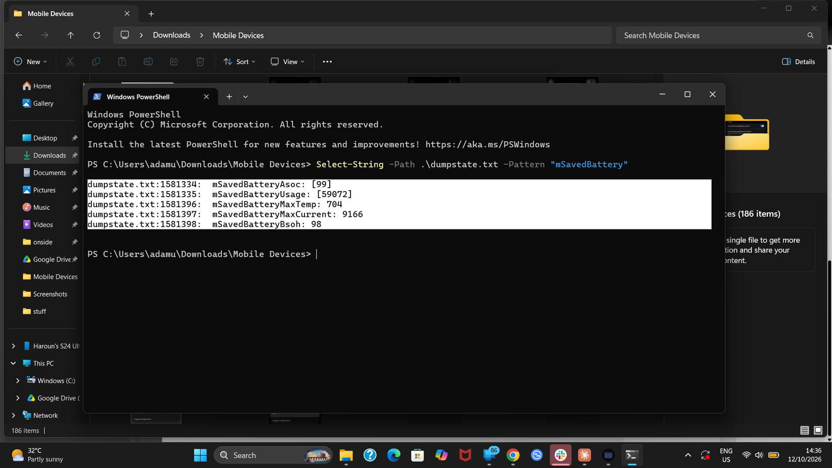 Powershell showing battery logs from a file, with Windows File Explorer in the background.