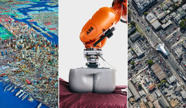 A triptych showing a colorful 3D-rendered city map, an orange ABB robotic arm pressing into a gray form, and an aerial view of a space shuttle being transported through a city street.