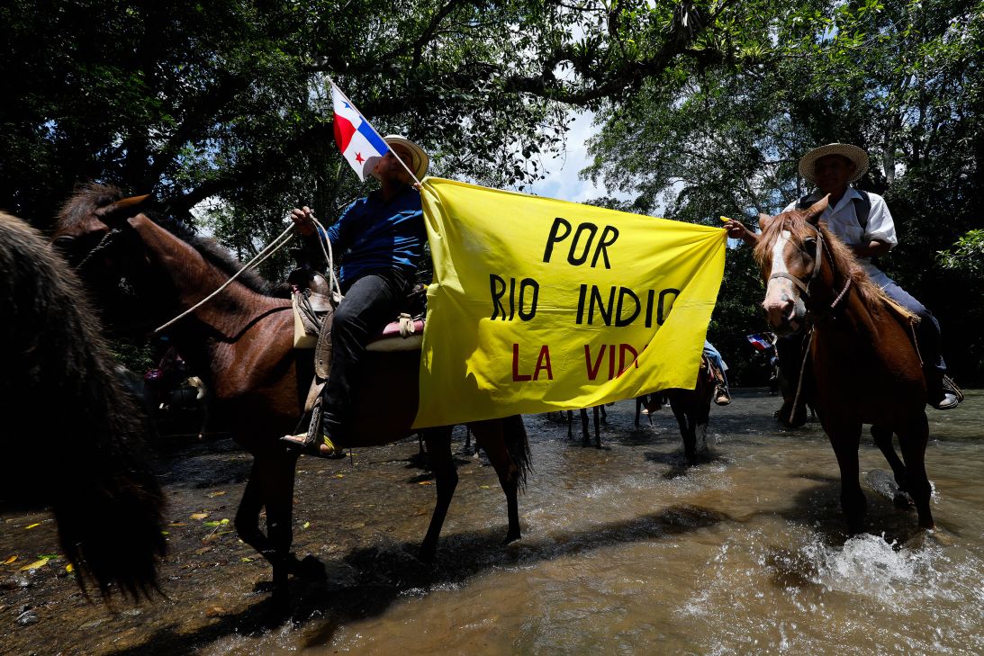 Farmers protest against the Rio Indio Reservoir in Limon de Chagres, Panama, on April 25.