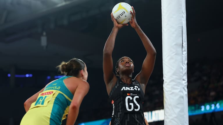 Grace Nweke of New Zealand looks to shoot the ball during game four of the Constellation Cup between Australia Diamonds and New Zealand Silver Ferns.