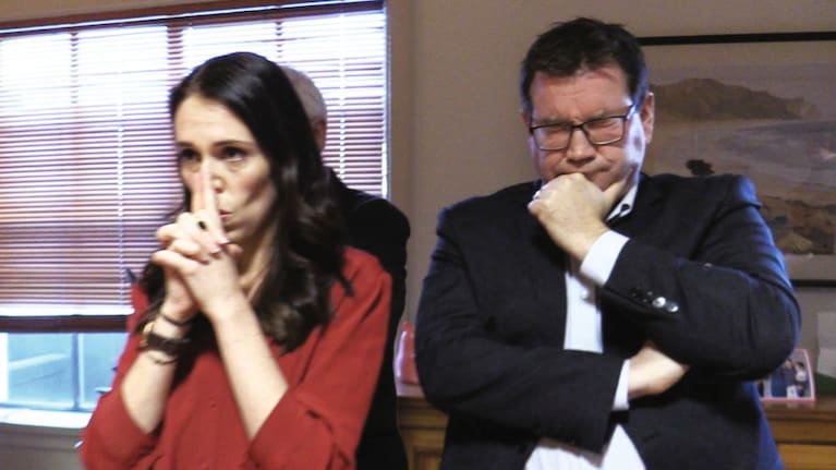 Jacinda Ardern and Grant Robertson in Jacinda's office, watching Winston Peters announce his decision on live television, October, 2017. (Photo: Clarke Gayford)