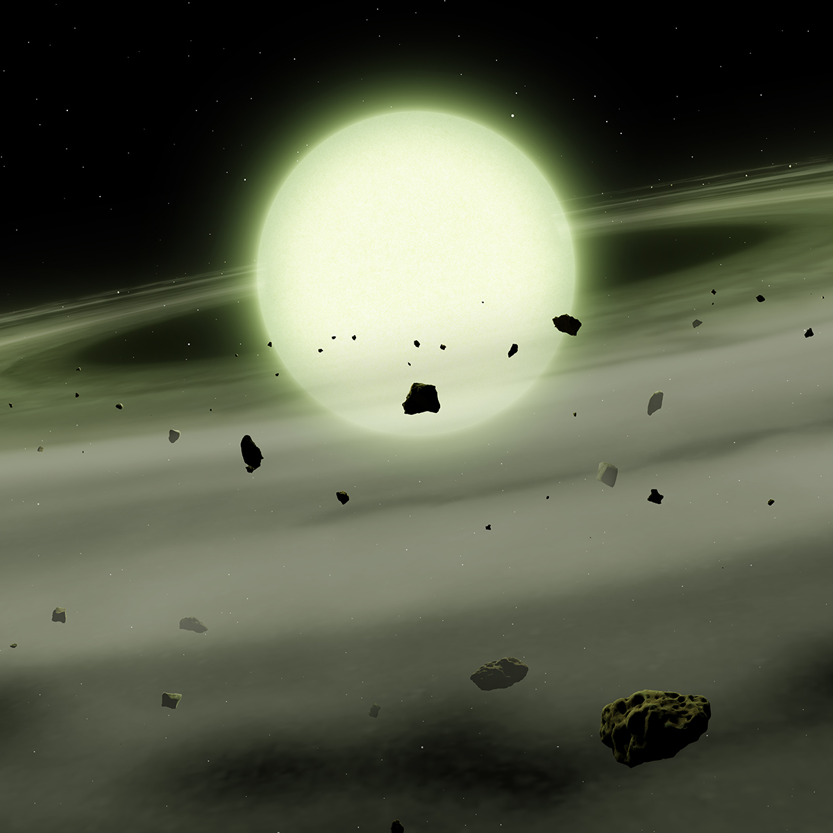 Artist's impression of cool white dwarf WDJ1330+6435, which has accreted sodium-rich rocky material from its planetary system into its atmosphere. Its atmospheric density causes it to glow green. Credit: Mark A. Garlick/University of Warwick