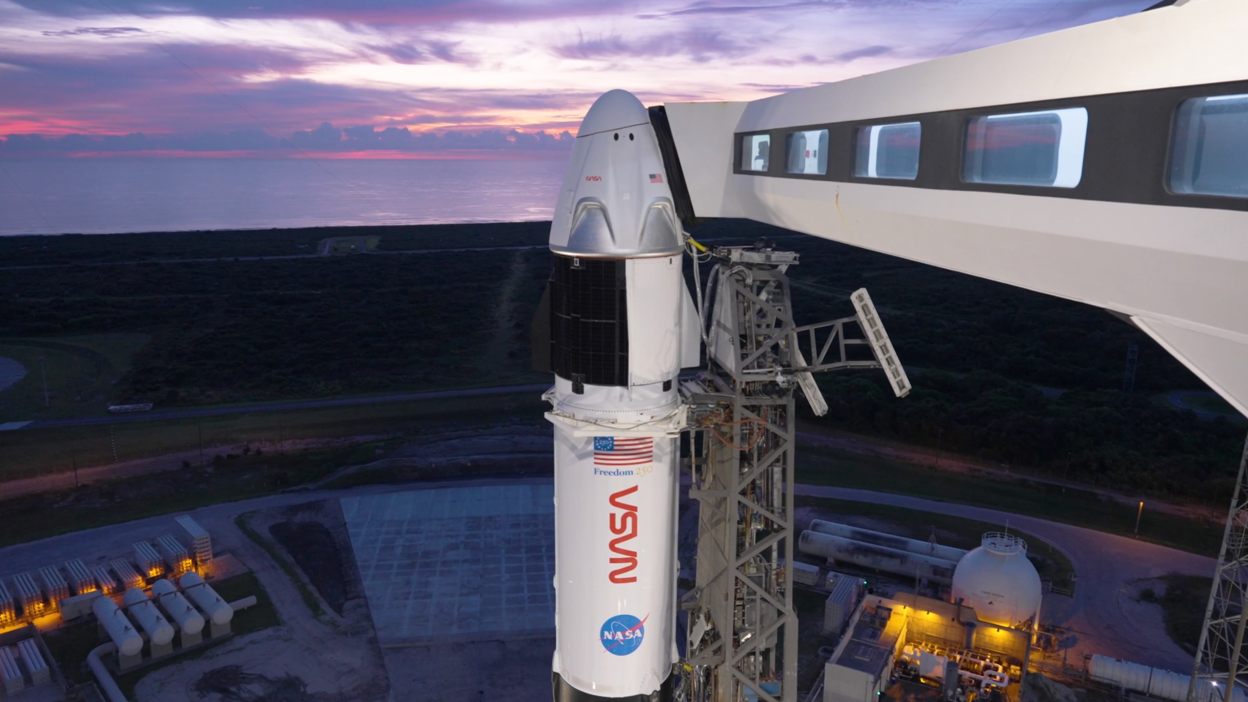The Falcon 9 rocket and Crew Dragon capsule for SpaceX's Crew-13 astronaut mission on the pad before their planned Oct. 1, 2026 launch.