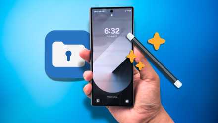 Hand holding Samsung phone with secure folder and magic wand icons