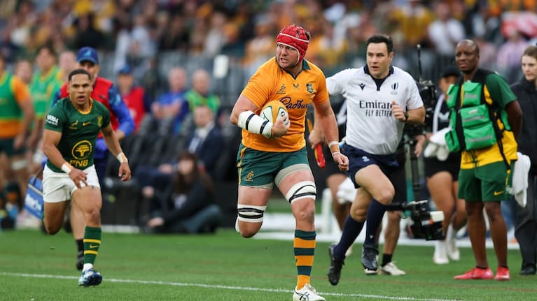 Harry Wilson of the Wallabies runs with the ball during the international rugby test match between the Australian Wallabies and South Africa at Optus Stadium in Perth, Sunday, September 27, 2026.