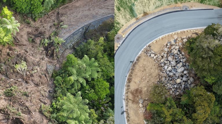 The before and after of the Helena Bay Hill slip repairs.