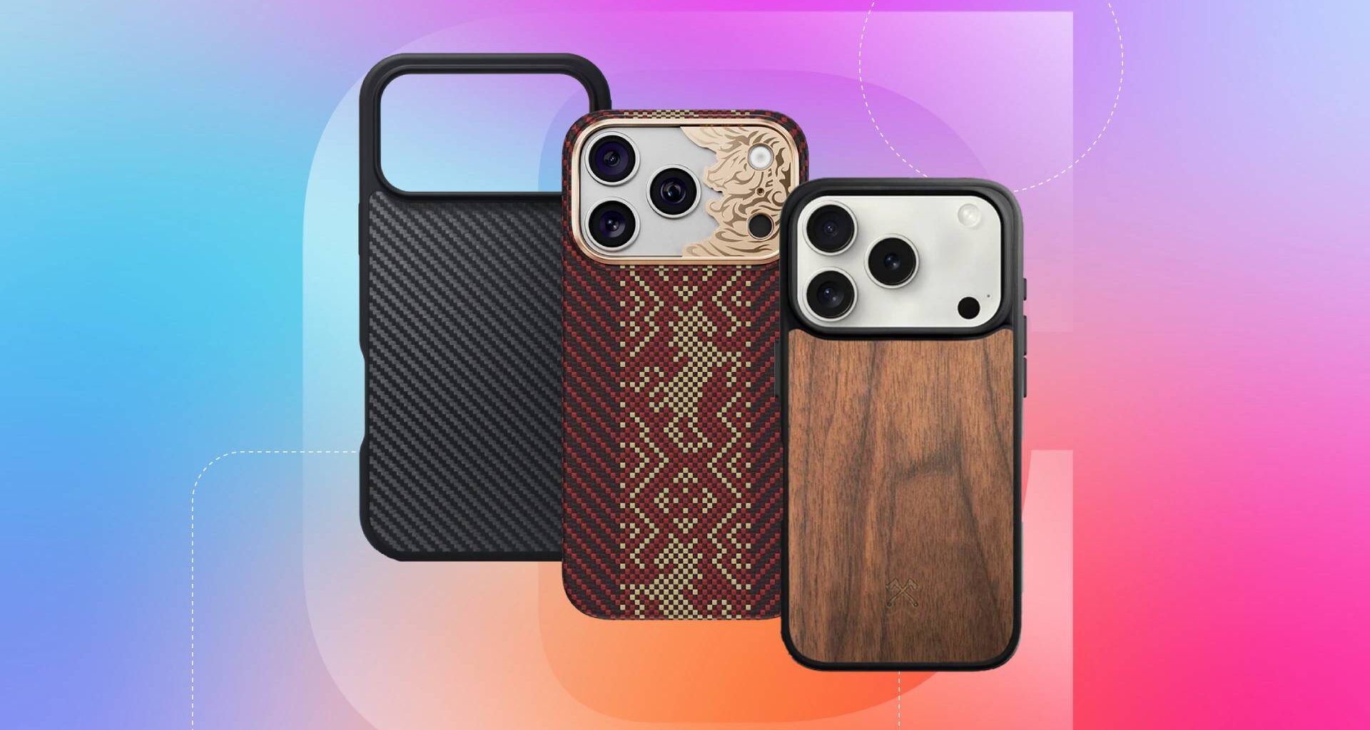 Three different cases for it iPhone 18 Pro against a blue, orange and pink gradient CNET background.