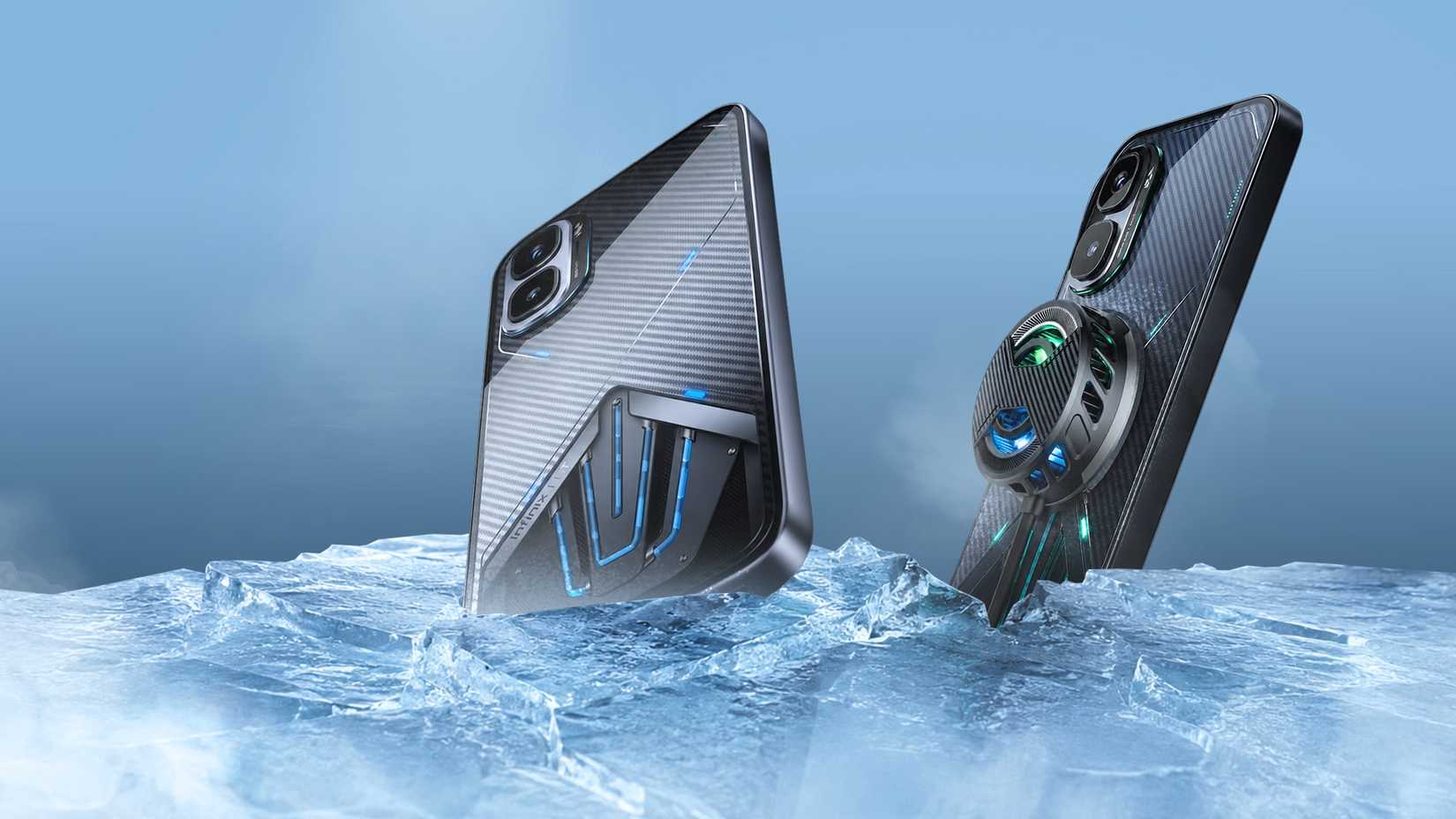Two Infinix GT 50 Pro phones standing on ice 