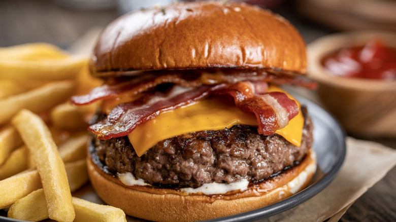 A bacon cheeseburger with a side of fries