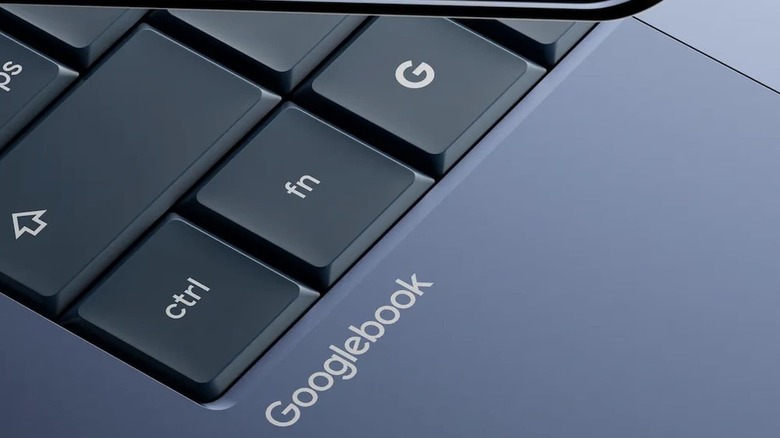 Close up on a grey Googlebook laptop keyboard showing the Googlebook logo