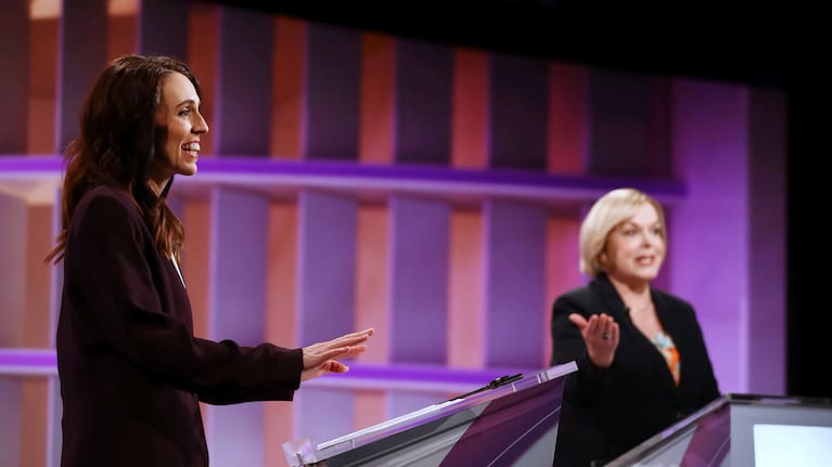 Jacinda Ardern and Judith Collins seen at the first Leaders' Debate in 2020.
