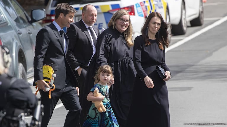 Jacinda Ardern arriving with Clarke Gayford, Neve, deputy chief of staff Holly Donald and Andrew Campbell, for the Queen's State Memorial, London, 2022.
