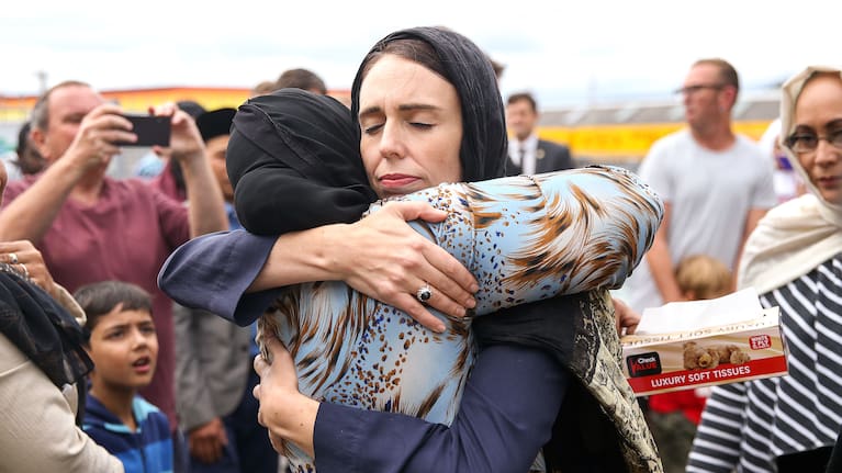 Jacinda Ardern hugs a mosque attendee in Wellington on March 17, 2019, two days after the Christchurch tragedy.