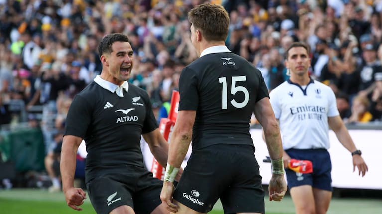 All Black winger Josh Moorby of celebrates a try with Beauden Barrett.