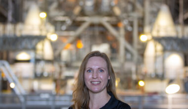 Portrait of Allison Mjoen inside the Vehicle Assembly Building