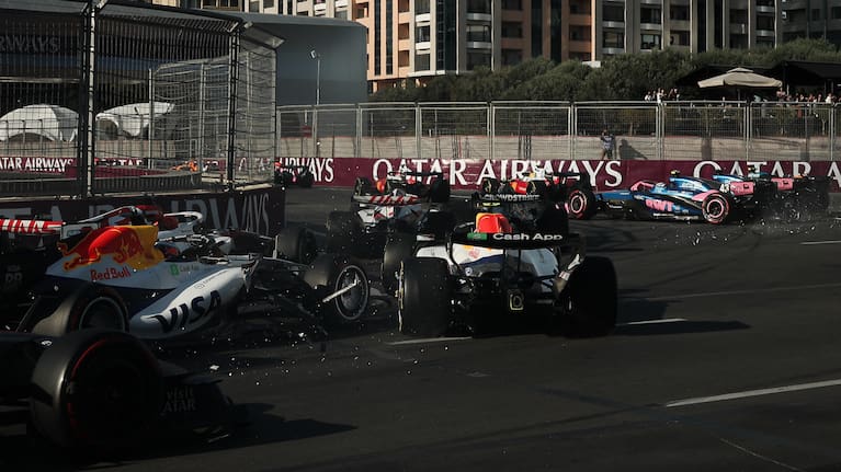 Liam Lawson of New Zealand driving the (30) Visa Cash App Racing Bulls VCARB 03 RB Ford and Arvid Lindblad of Great Britain driving the (41) Visa Cash App Racing Bulls VCARB 03 RB Ford collide at the restart.