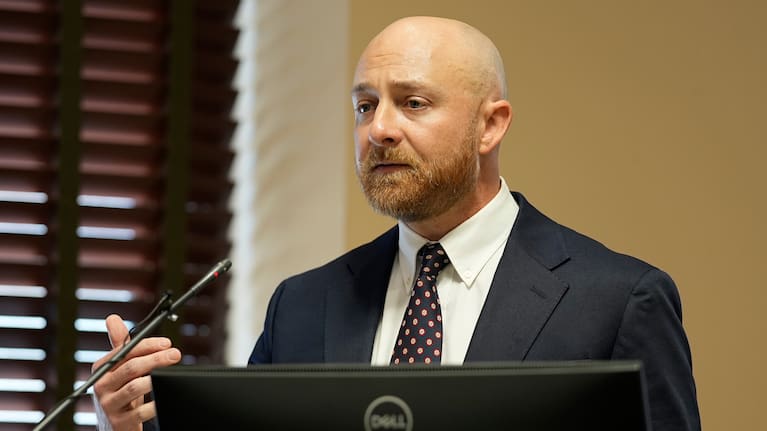 Luke Ihnen attorney for Christa Pike speaks during a court hearing.