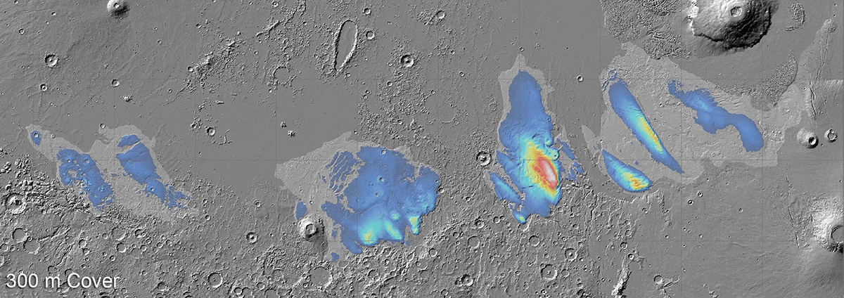 Map showing the thickness of a deposit thought to be water ice at Mars's equator in the Medusae Fossae Formation, captured by ESA's Mars Express orbiter. Credit: ESA