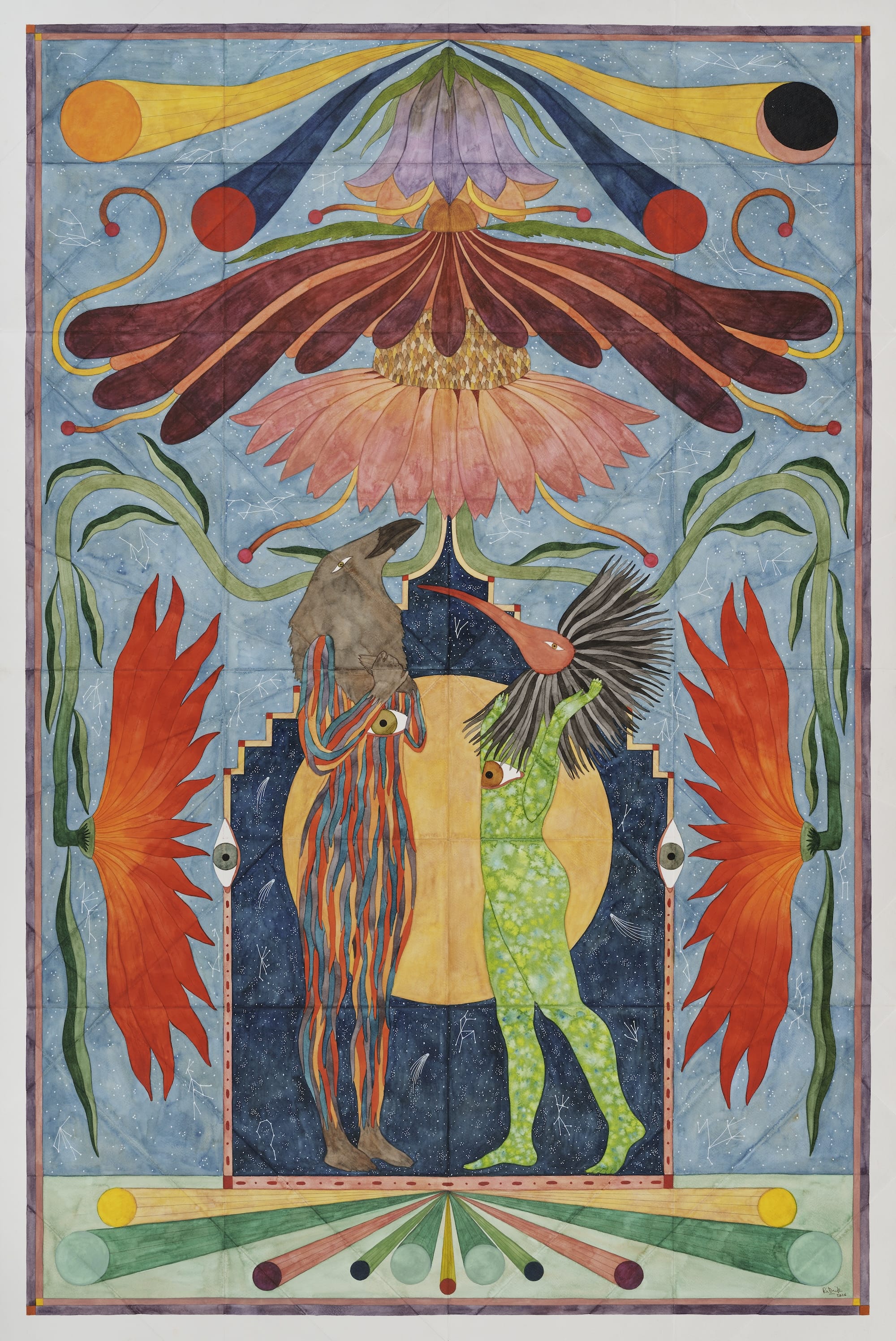 a fantastical painting featuring hybrid creatures in a surreal, symmetrical tableaux
