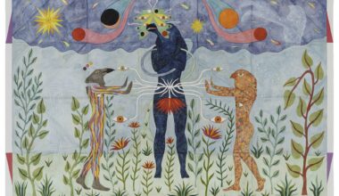a fantastical painting featuring hybrid creatures in a surreal, symmetrical tableaux