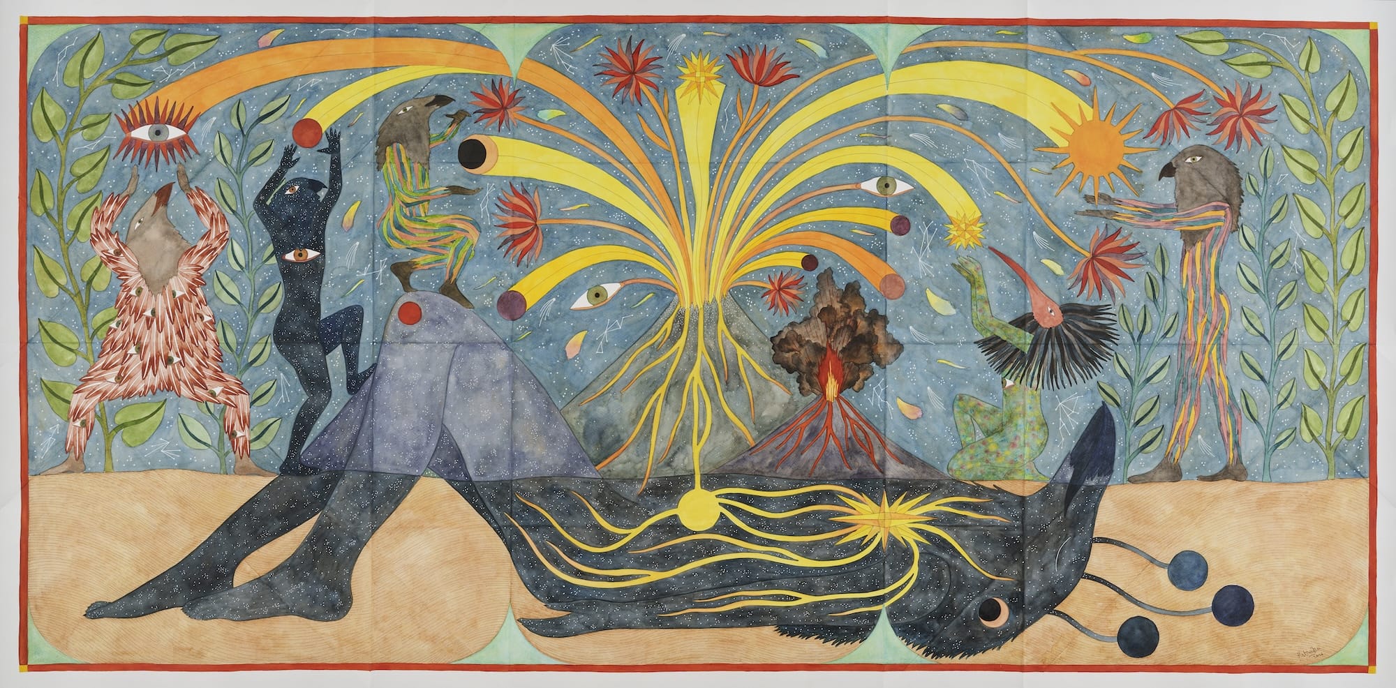 a fantastical painting featuring hybrid creatures in a surreal, symmetrical tableaux
