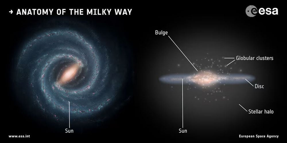 The Milky Way is a spiral galaxy, and its spiral arms are its defining features. But our galaxy has a disk, and it is divided into two parts: a thin disk where young stars form, and a thick disk, which is more diffuse and is home to ancient stars. What process lies behind the formation of these disks is a big question in astronomy. Image Credit: Left: NASA/JPL-Caltech; Right: ESA; Layout: ESA/ATG medialab