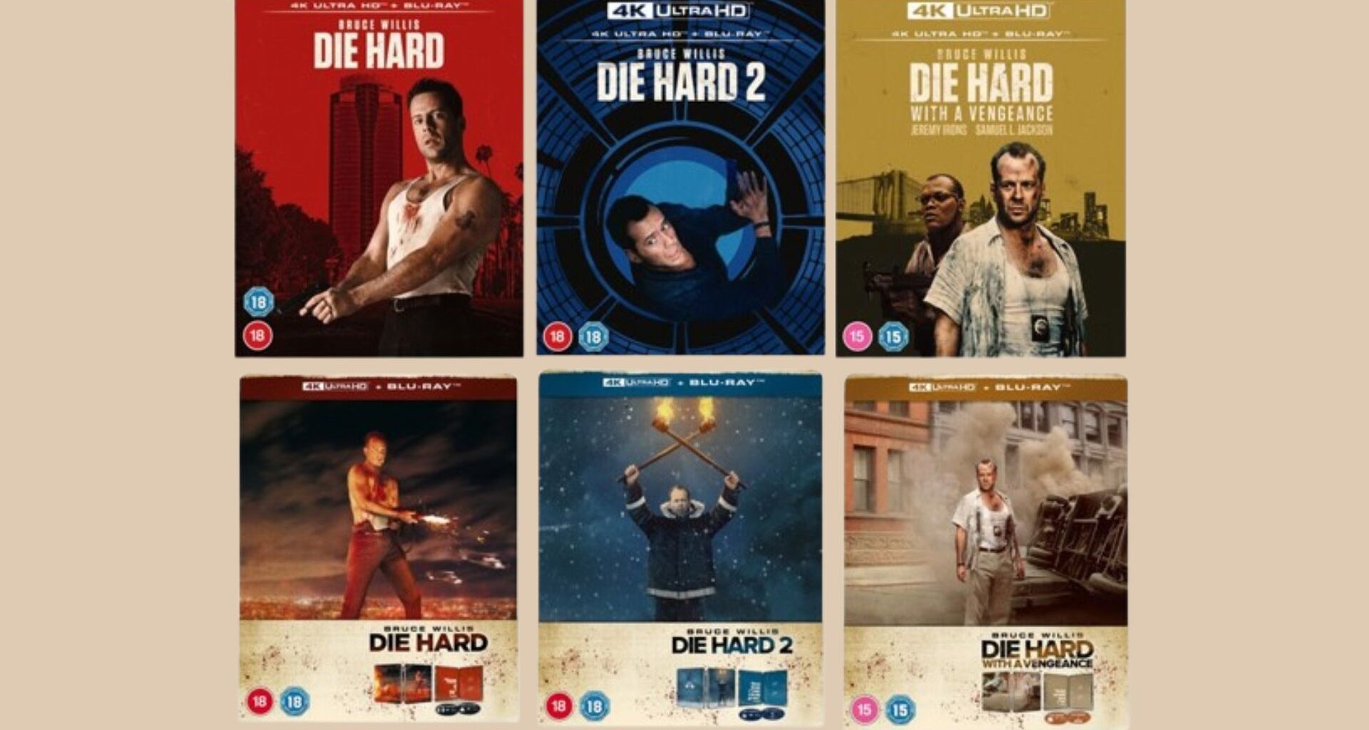 4K Blu-ray covers for the new releases of Die Hard, Die Hard 2 and Die Hard with a Vengeance.