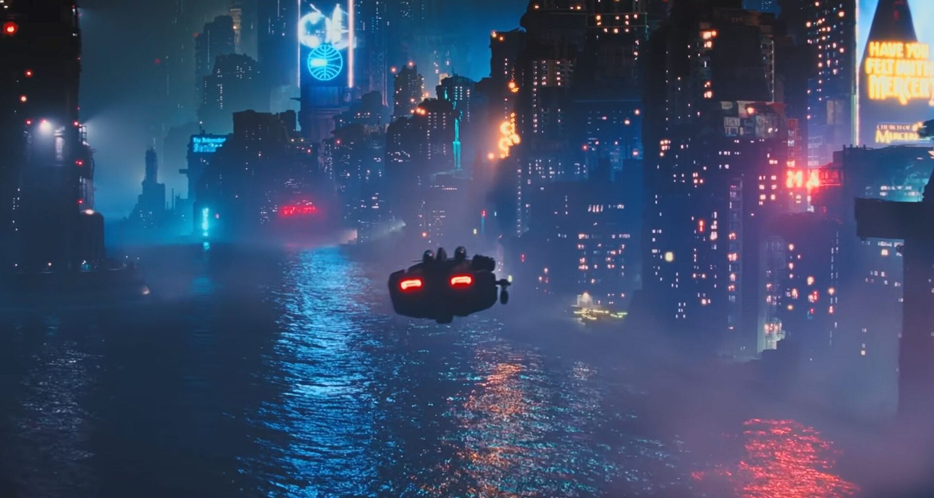 Blade Runner 2099 screenshot showing a flying car in a cyberpunk city.