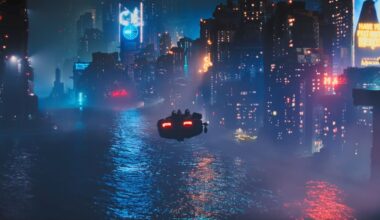 Blade Runner 2099 screenshot showing a flying car in a cyberpunk city.