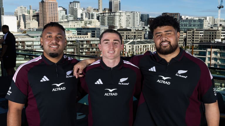 New All Blacks Josh Jacomb, middle, and Siale Lauaki, right, pictured alongside Semisi Tupou Ta'eiloa, left, at the recent squad announcement.