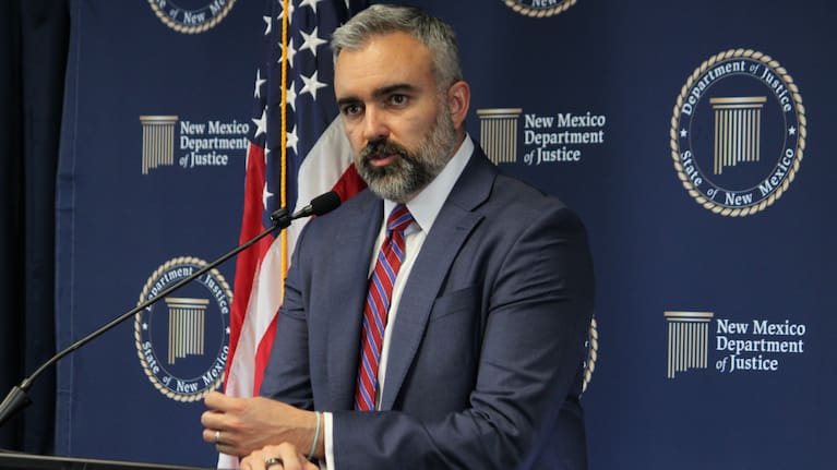 New Mexico Attorney General Raúl Torrez discusses a judgment in the state's Facebook case during a news conference in Albuquerque.