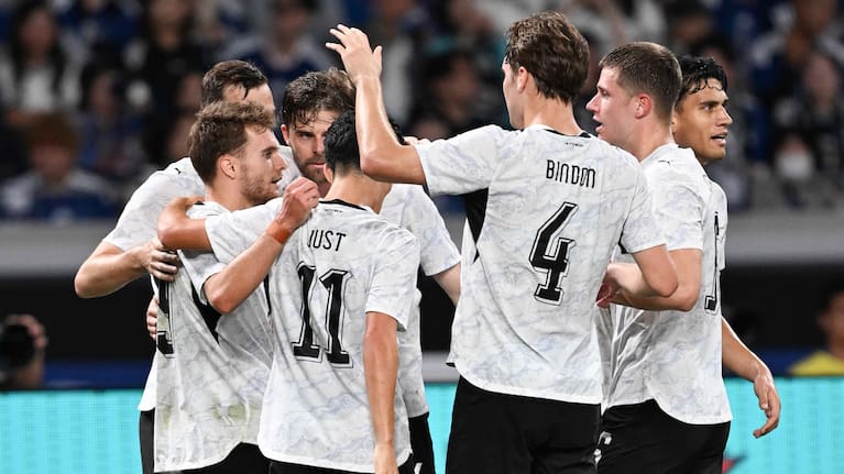 New Zealand’s players celebrate Ben Old’s goal.