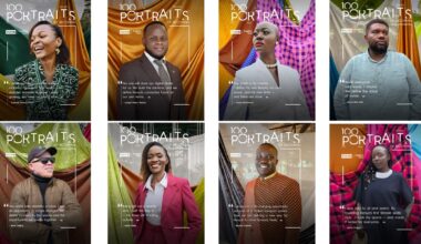 A grid of eight 100 Portraits of Becoming posters, each showing a Kenyan photographed against vividly coloured draped fabrics, with the project title and TECNO and Ang&eacute;lica Dass logos and a personal quote