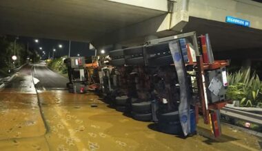 Cooking oil spills across motorway on-ramp after truck rolls in Auckland