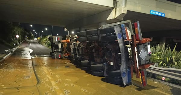 Cooking oil spills across motorway on-ramp after truck rolls in Auckland