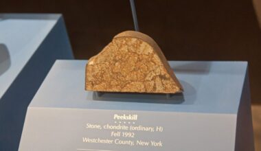 an orange and brown-striped chunk of rock with a smooth, rounded top edge and a flat cross-section face