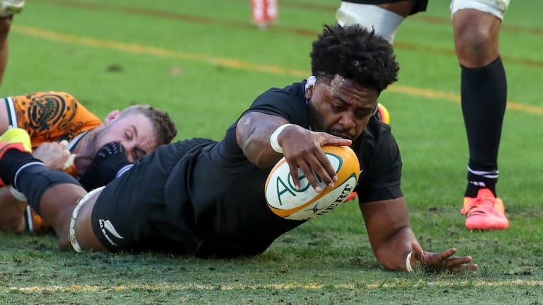 Peter Lakai of New Zealand goes over to score. Australia Wallabies v New Zealand All Blacks, 2nd Bledisloe Cup Rugby Test Match at Accor Stadium, Sydney.