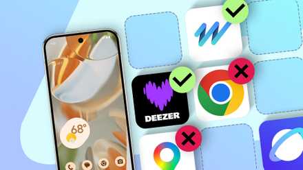 Pixel phone surrounded by Google apps being replaced by third-party alternatives.